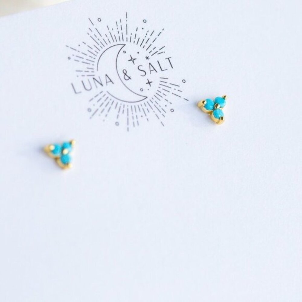 Turquoise Trio Stud Earrings December Birthstone Gold Cluster Dainty Studs - Picture 3 of 15